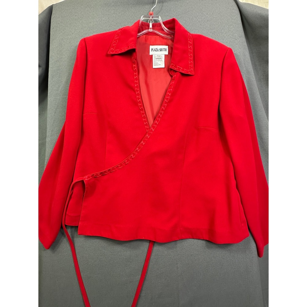 Plaza South Red Wrap Jacket Embroidered Trim Side Tie Blazer Size 8 0225445 - Picture 2 of 14